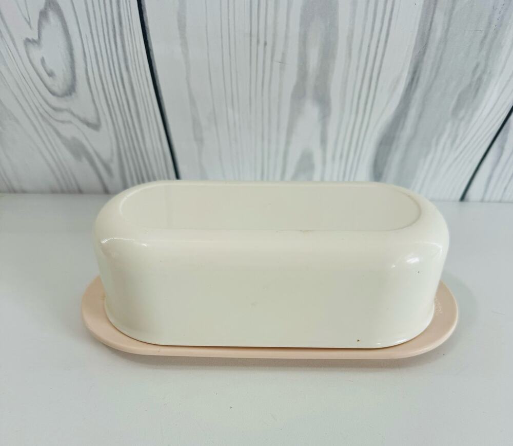 VTG Tupperware BUTTER DISH 2320A Rose Pink Base 2321A White Lid 1 Stick Holder